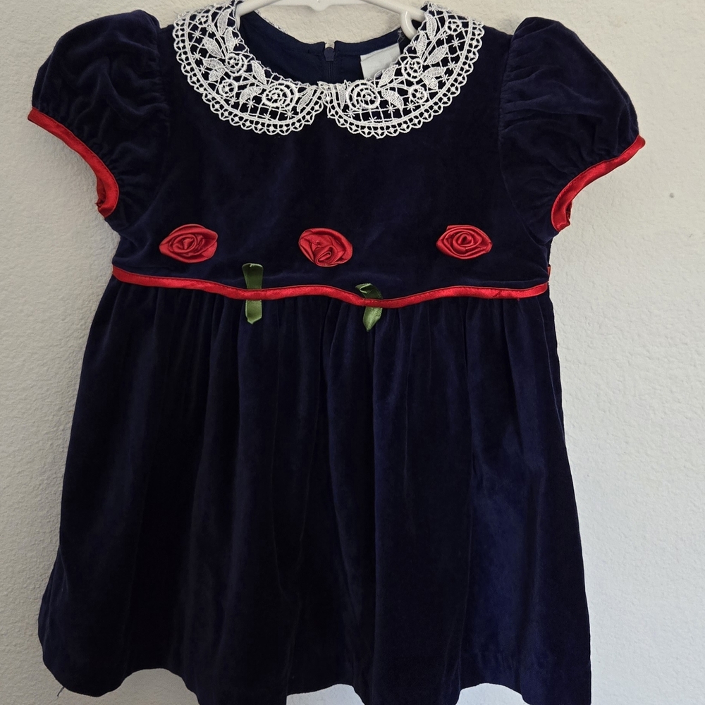 Holiday Velvet Dress with Lace Collar and Rose Accents With Tie Back